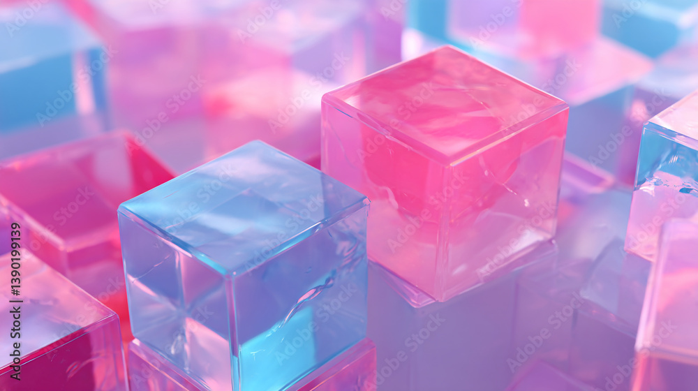 Poster a close up view of translucent pink and blue cubes arranged in a scattered pattern background design