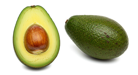 A vibrant, ripe avocado sliced open revealing its creamy interior alongside a whole avocado, showcasing its smooth, dark green skin against a stark white background.