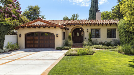 Naklejka premium Mediterranean style home with stucco walls and tiled roof, surrounded by lush greenery