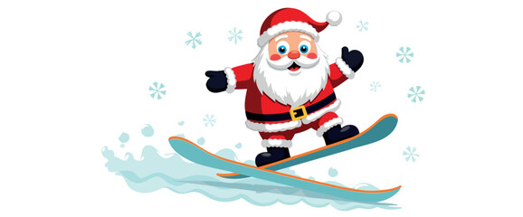 jolly santa claus snowboarding down snowy slope