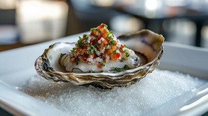 A single elegant oyster on a bed of sea salt with a pearl accent.