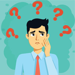 pensive man contemplates multiple questions