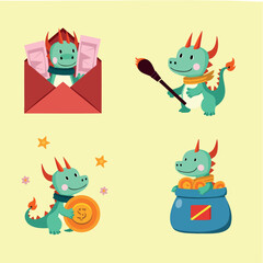 four cheerful cartoon dragons in various playful poses