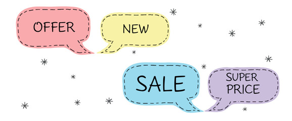 four pastel speech bubbles with sales-related words: offer new sale and super price.