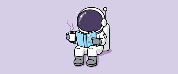astronaut in a white spacesuit sits peacefully reading a book while enjoying a cup of coffee © Rysak