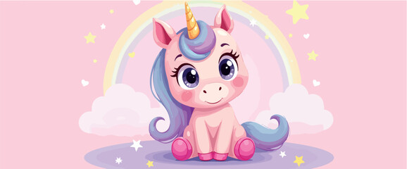 adorable baby unicorn sitting in front of a pastel rainbow