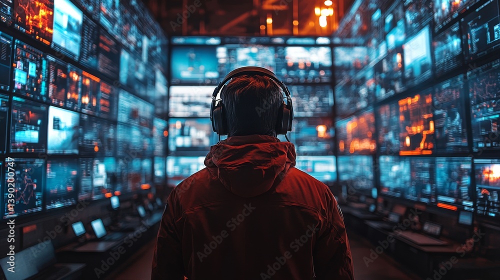 Poster An operator monitors numerous digital screens in a control room showcasing logistics data and real time analytics, enhancing transportation and distribution efficiency.