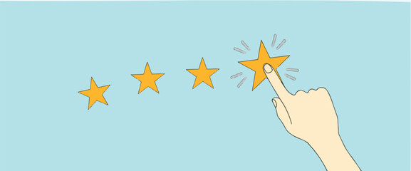 hand selecting a star from a row of four yellow stars on a light blue background