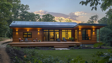 Modern eco friendly house with wooden facade and solar panels at sunset