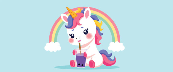 adorable pastel unicorn enjoying a purple drink under a rainbow