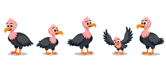 five cartoon vultures in playful poses