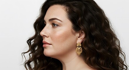 Profile of woman with wavy dark hair and freckles, wearing ornate golden earrings on a white background.