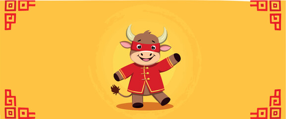 cheerful cartoon bull in red traditional outfit