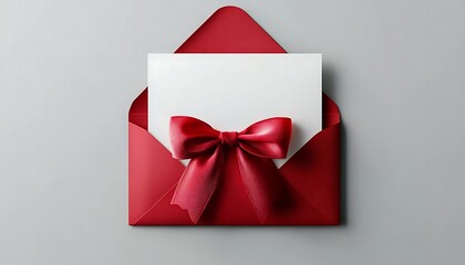 Blank white gift card with a red ribbon bow or gift voucher inside an open red envelope, isolated on a white or grey background , -