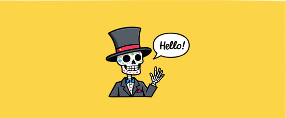 friendly skull in top hat and bow tie giving a cheerful hello