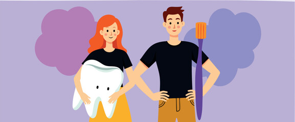 smiling young woman and man holding large tooth and toothbrush promoting hygiene