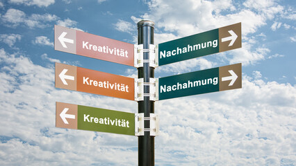 Fototapeta premium Signposts the direct way to creativity versus imitation