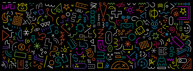 Funny faces signs and symbols geometric flat line shapes school education abstract vector background multicolored design elements 