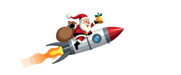 santa claus soars through the sky on a delivering christmas gifts.