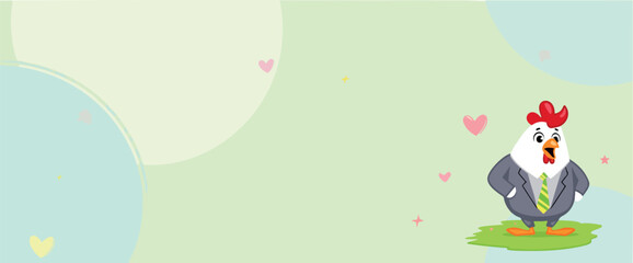cheerful cartoon rooster in a suit stands on grass against a pastel background