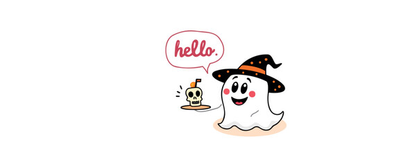 friendly cartoon ghost in a witch's hat holds a skull-shaped candle