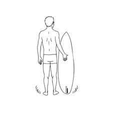 man stands holding his surfboard ready for a day of surfing.