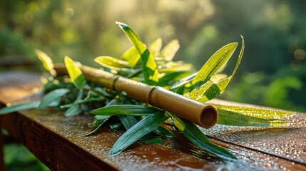 Obraz premium Duanwu Festival:Vibrant green wormwood or calamus with a bamboo straw on a dewy wooden surface,the symbol of exorcism and pestilence and reverence of nature