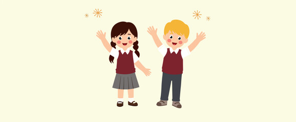 two cheerful children in school uniforms joyfully raise their arms in a welcoming gesture