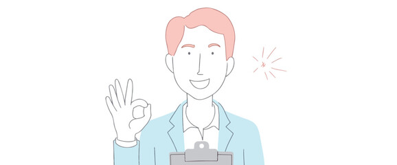 smiling man in a light blue jacket showing okay hand gesture