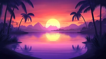 Vibrant sunset over tropical lake.