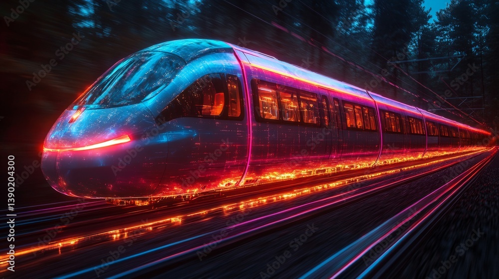 Aufkleber a smart train glides along a railway, illuminated with vibrant colors, reflecting advanced technolog