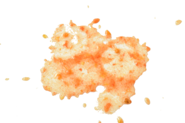 A shapeless stain from spilled tomato juice on a white background.