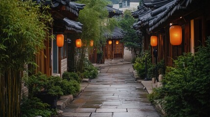 Fototapeta premium Cozy hanok courtyard with bamboo and lanterns in Bukchon Village.