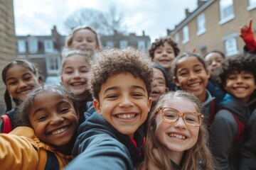 Smiling diverse group of kids taking a selfie outdoors during the day