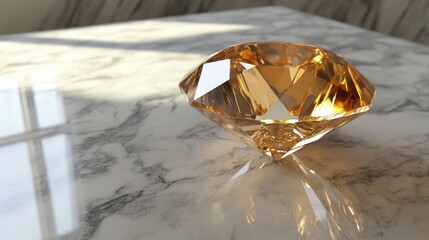 Elegant gemstone with radiant cut and rich tones, sitting atop smooth marble.