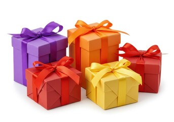 Obraz premium A group of colorful gift boxes wrapped with satin ribbons isolated on white background