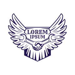 Vintage Retro Hand Wrench Handshake Wings Badge Emblem for Auto Garage Custom Workshop Icon Illustration Design