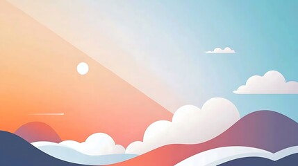 Pastel sunset landscape with mountains and clouds.