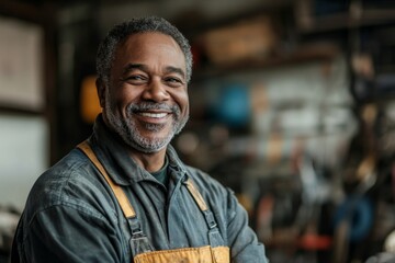 Portrait of smiling middle aged African American man in working uniform supervisor at car repair shop