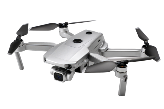 Silver drone with camera, hovering, ready for flight