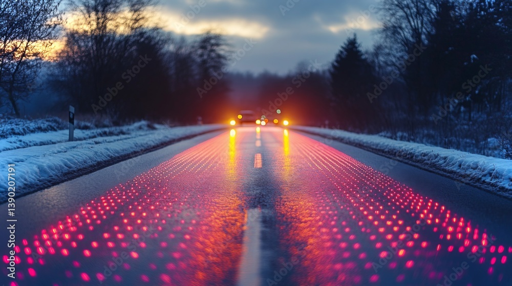 Aufkleber A smartroad featuring illuminated LED signals is enhancing transportation efficiency for autonomous vehicles during twilight in a snowy landscape.