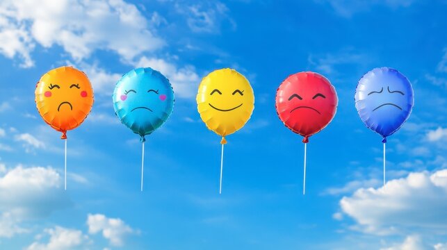 Floating balloons labeled with emotions like hope, fear, peace, envy rising into sky