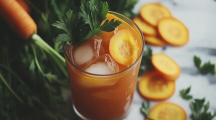 Freshly squeezed carrot juice in a tall glass, surrounded by sliced carrots and parsley