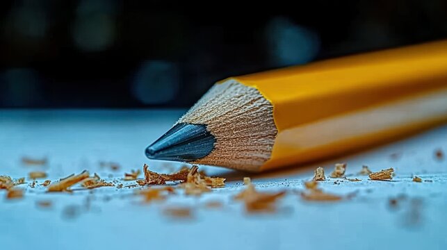 Close-up of a sharpened yellow pencil with wood shavings