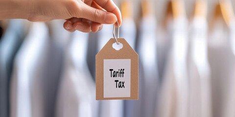 hand holding price tag labeled Tariff Tax against blurred background of clothing. image conveys sense of commerce and financial implications