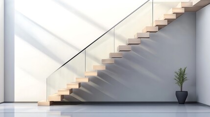 Modern wooden staircase with glass railing in minimalist interior.