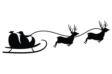 Santa Sleigh with Reindeer Silhouette  Black Vector Illustration