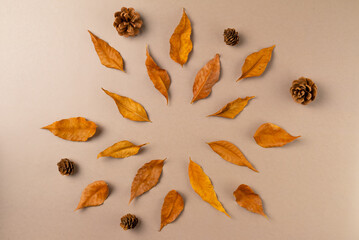 Autumn frame from leaves on beige background. Flat lay, top view.