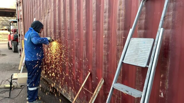 A worker cuts a shipping container with a metal saw.