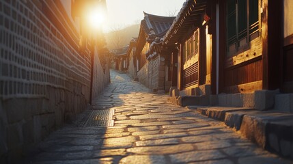 Morning light casting shadows across a stone path in Bukchon Hanok Village.